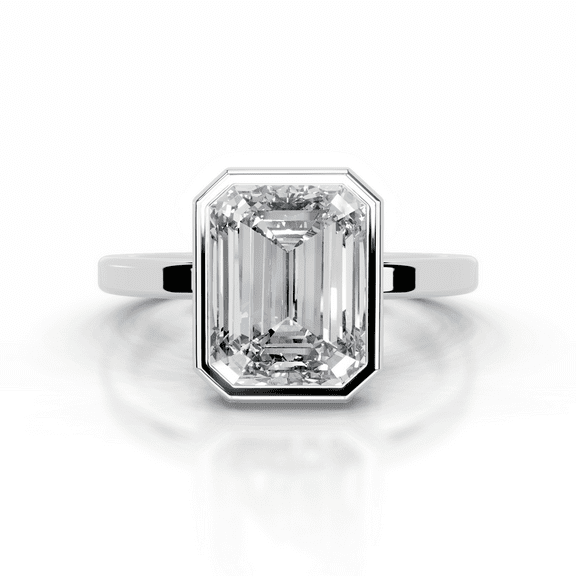 First Jewel Excellent 2.1 Ct Emerald Cut Diamond Ring - White Gold Over 14K Silver Diamond Ring - Bezel Set Diamond Ring for Women's - Solitaire Diamond Ring for Women's - Solo Stone Diamond Ring