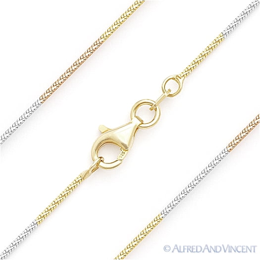 1mm Snake Link D-Cut Sparkle Chain Necklace in 3-Tone .925 Sterling Silver w/ 14k Gold & Rhodium