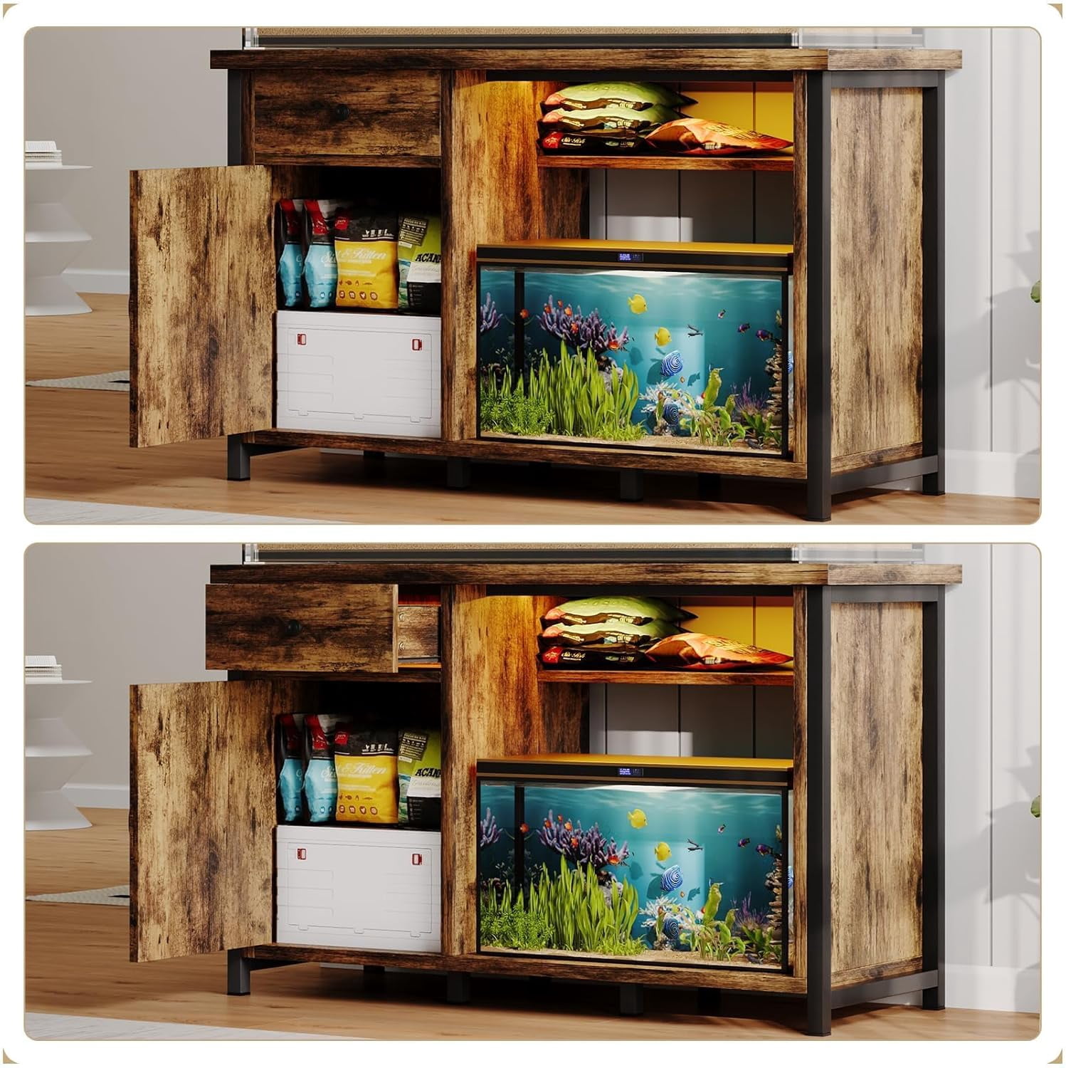 DreamCurship 55-75 Gallon Aquarium Stand with Storage Cabinet & Power Outlets LED Light, Fish Tank Stand with Drawer & Barn Door, Suitable for Fish Tank Stand, Turtle Tank, Reptile Terrarium, Brown