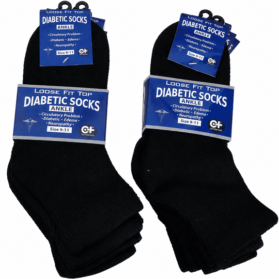 Men's Diabetic Ankle Socks 6-Pack, Non-Binding Extra Wide Comfort Fit, Black, Size 9-11.