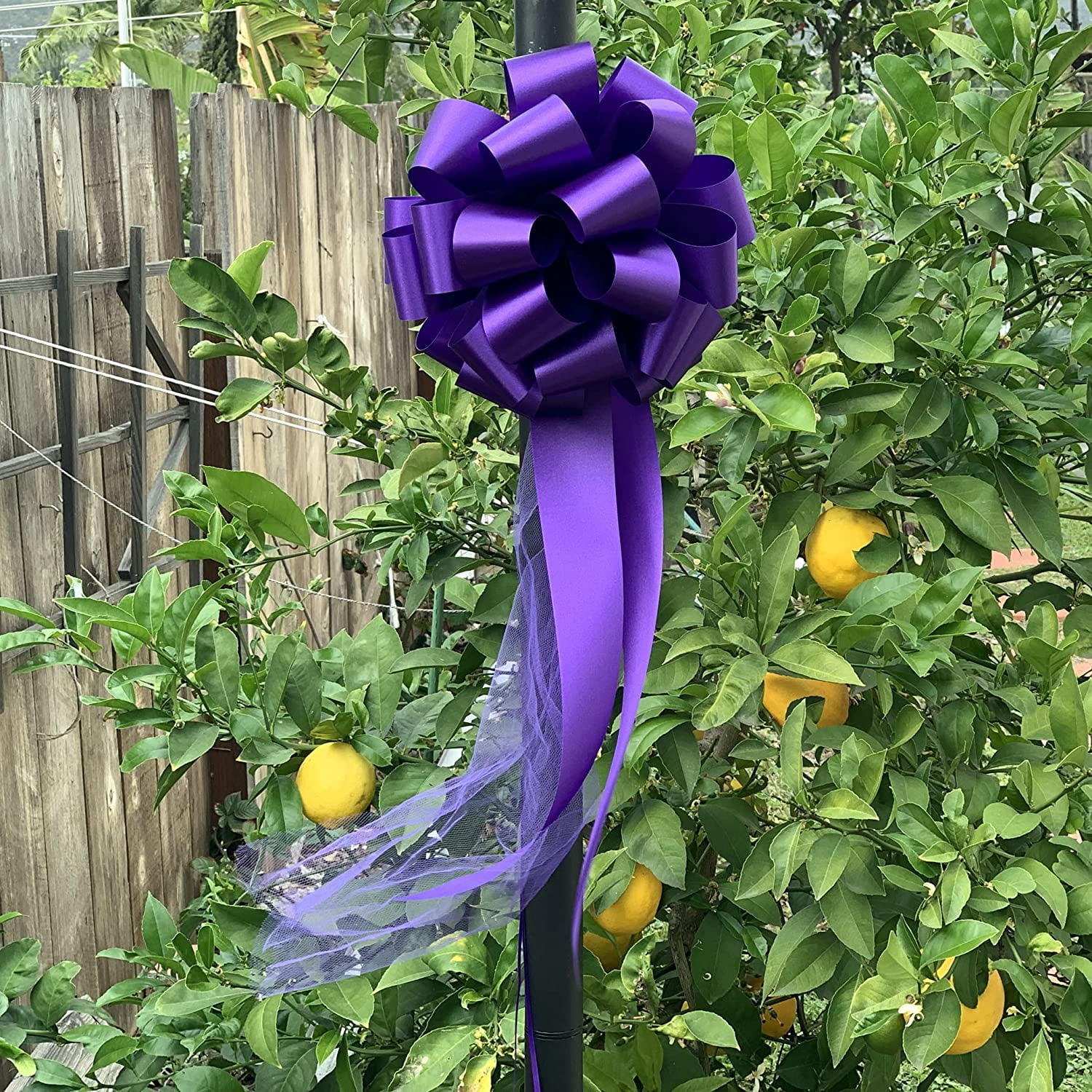 Large Purple Wedding Pull Bows with Long Tulle Tails - 9" Wide, Set of 6, Easter, Birthday, Decoration, Christmas, Mardi Gras