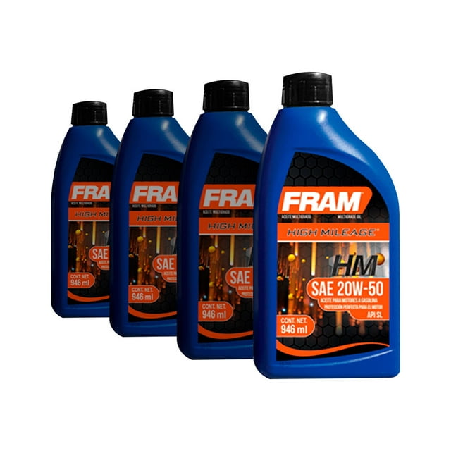 Aceite Mineral Motor FRAM Alto Kilometraje 20W50 4 Botellas