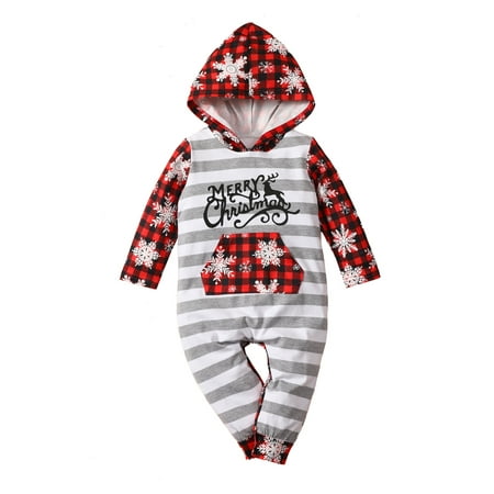 

Gureui Baby Toddler Baby Girls Boys Christmas Jumpsuit Printed Stripe Hooded Long Sleeves Rompers