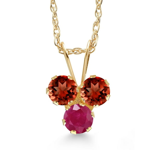 Gem Stone King 14K Yellow Gold Red Garnet and Red Ruby 3-Stone Pendant Necklace for Women (0.46 Cttw, Gemstone January Birthstone, Round 3MM, 18 inch Chain)