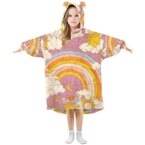 FORMRS Wearable Blanket Hoodie with Sleeves for Kids Cozy Flannel Sweatshirt, Purple Retro Rainbow