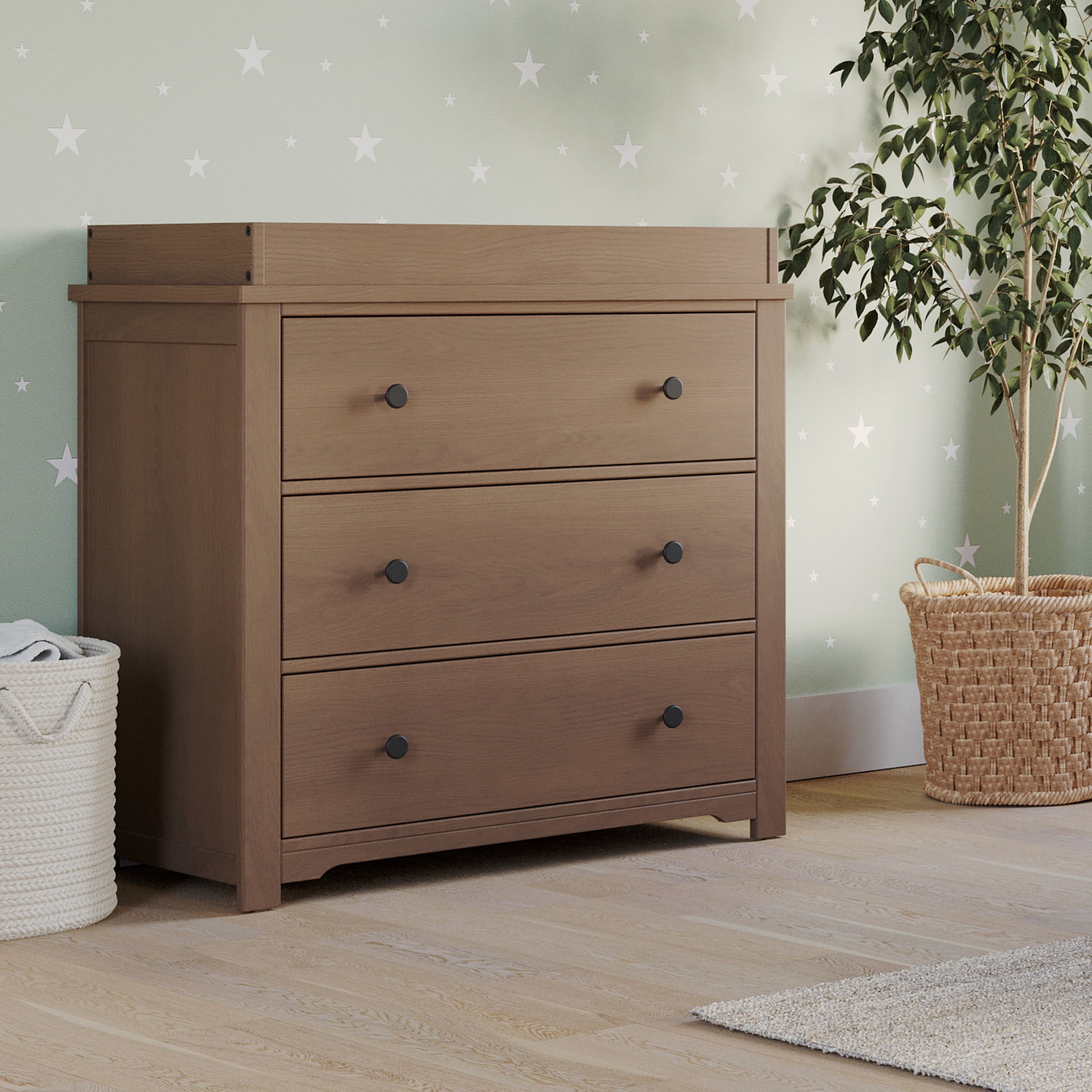 Child Craft Harmony 38" Interlocking 3-Drawer Dresser with Changing Table Topper, Anti-Tip Kit, Dusty Heather