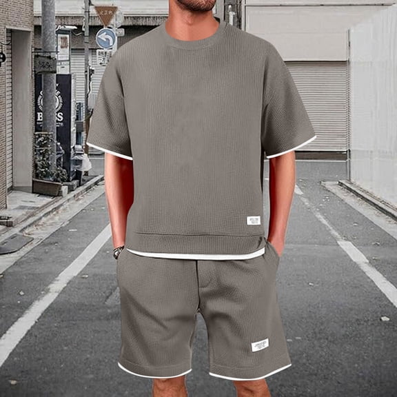 gbyLJF Men's Summer 2 Piece Outfits Short Sleeve Crewneck T Shirt and Shorts Casual Set Tracksuit Set with PocketsDark Gray,XXL