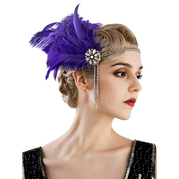 Zhuge 1920s Great Gatsby Headpiece, Headband with Rhinestone, Pearl & Feather for Women’s Accessories, Purple