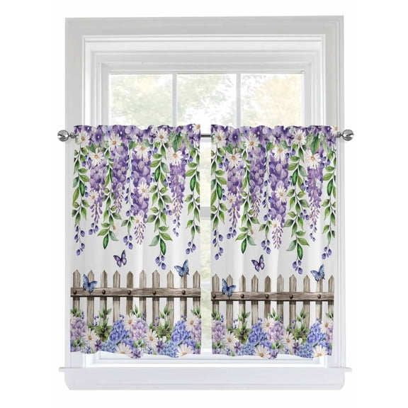 Spring Purple Flowers 2 Panel Kitchen Curtains for Windows, Farmhouse Leaves Fences Watercolor Bathroom Privacy Curtain, Home Décor Window Treatment for Bedroom/Living Room 55"x45"