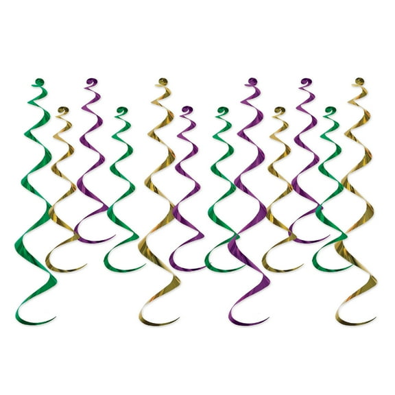 Beistle 72 Counts Green, Gold, and Purple Metallic Party Ceiling Whirls 25”