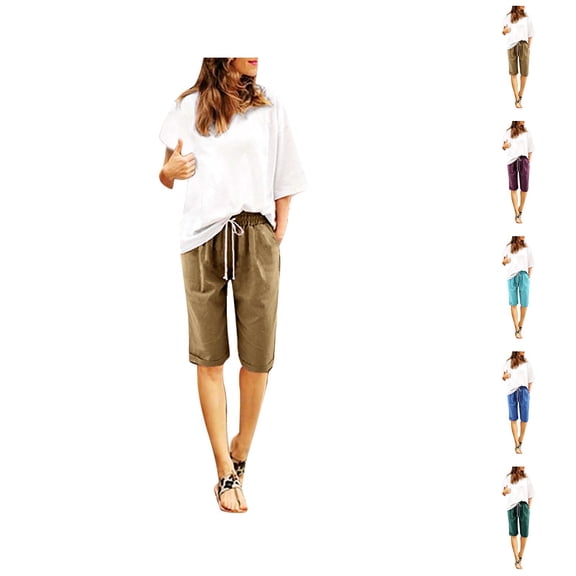 Bermuda Shorts for Women Knee Length Lightweight Elastic High Waist Straight Leg Relaxed Fit Casual Shorts with Pockets