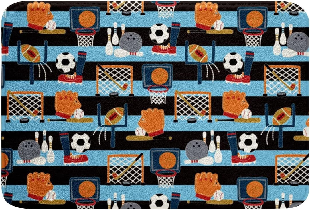 Ball Sports Theme Microfiber Bathroom Rugs 3D Ball Games Non Slip Bath Mat Stripe Competitive Games Shaggy Absorbent Floor Mat for Bedroom Decor Bathroom Floor Indoor Doormat 20"x32"