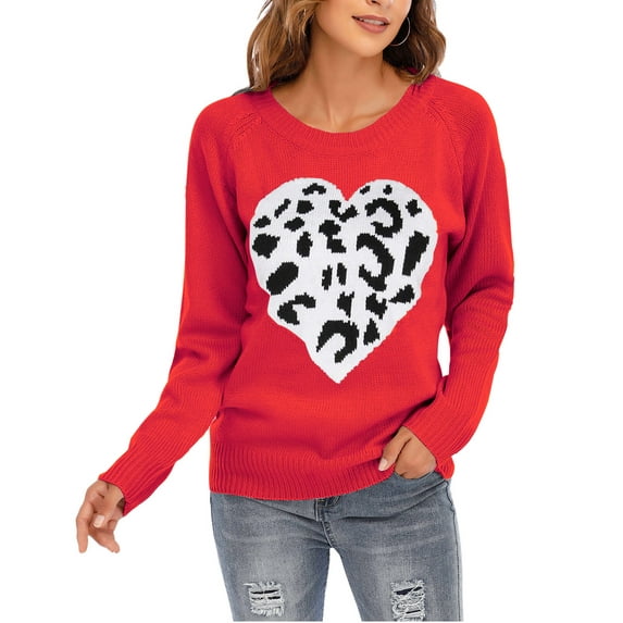 Sweaters for Women Crew Neck Long Sleeve Womens Sweaters Heart Leopard Print Winter Sweaters Alsol Lamesa