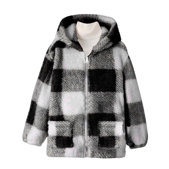 CAIVO Girls Plaid Hooded Jacket Cozy Soft Warm Outerwear Toddler Kids Casual Winter Windproof Coats Long Sleeve Cozy Dailywear
