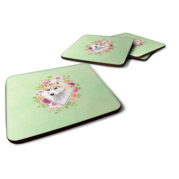 Carolines Treasures CK4308FC Red Siberian Husky Green Flowers Foam Coaster Set of 4 3 1/2 x 3 1/2 multicolor