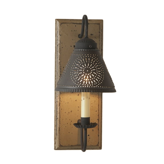 Irvins Country Tinware Crestwood Wall Sconce in Pearwood With Kettle Black Finish Shade 15 inches