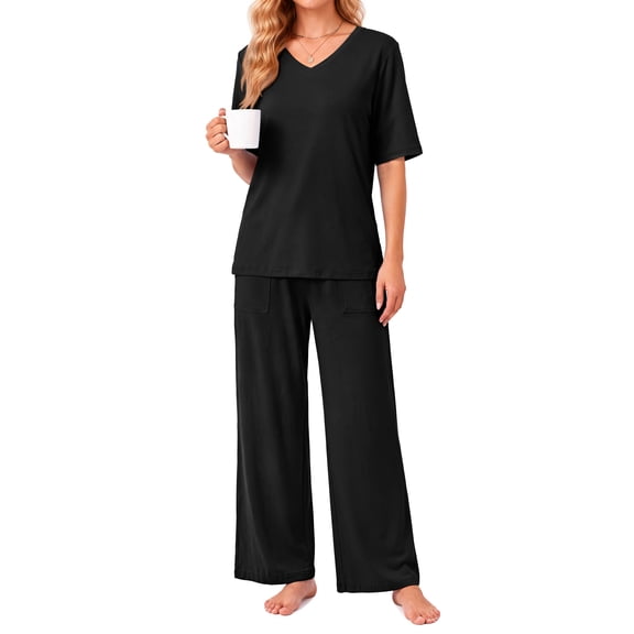 Weekease Two Piece Pajama Sets for Women V Neck Elbow-length Sleeve Tops and Long Pants Casual Summer Fall Sleepwear with Pockets