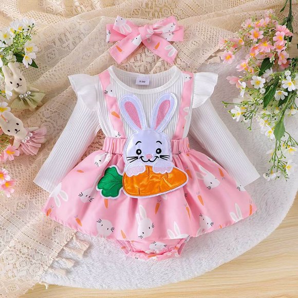 Hfolob Toddler Girl Clothes Outfits Easter Romper Dress Infant Floral Bunny Print Ruffle Long Sleeve Bodysuit Jumpsuits With Headband Cute 2 Piece Outfits 0-3 Months