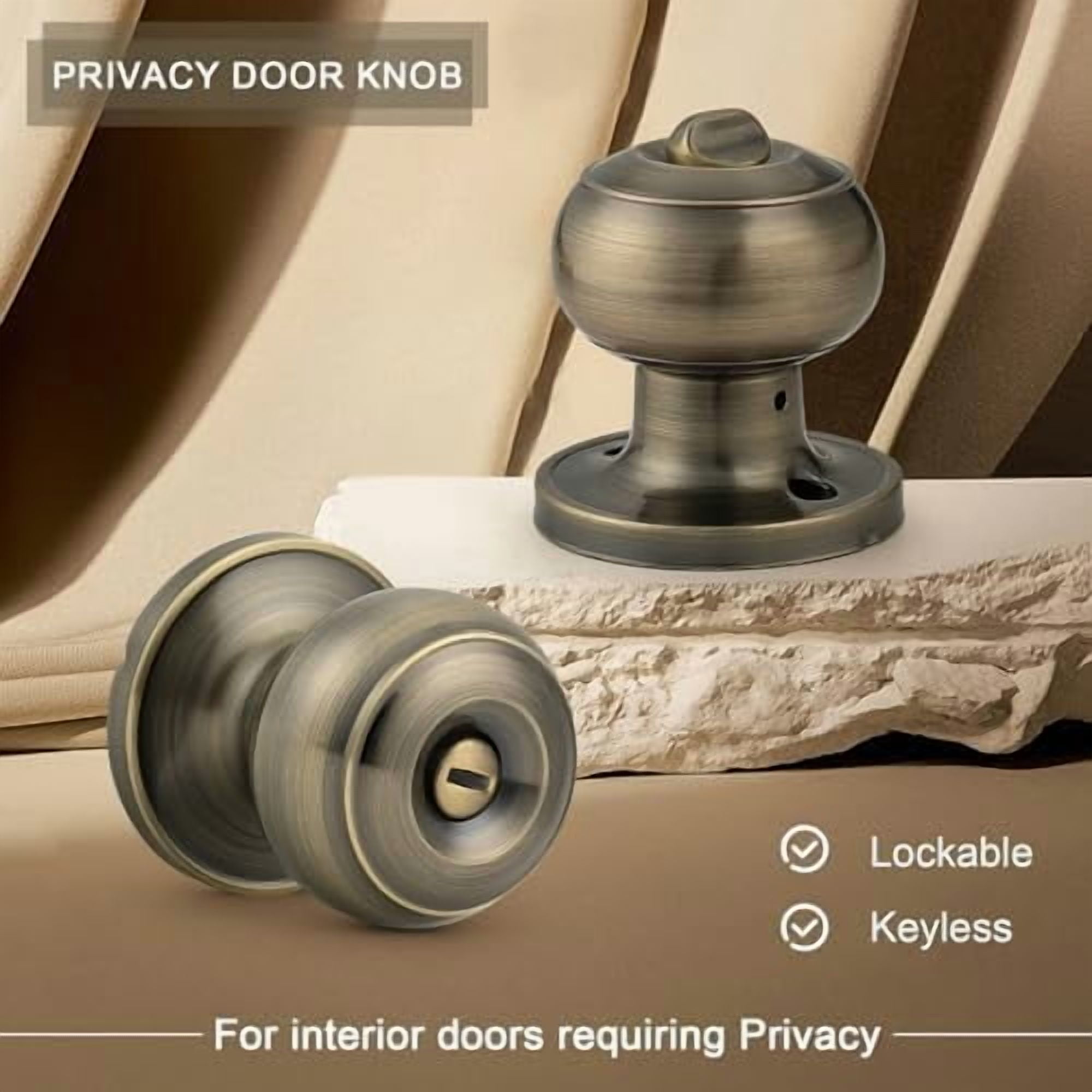 1 Pack Privacy Door Knobs Lock Interior Bedroom Bathroom Doorknobs Antique Brass Round Ball Keyless Lockset