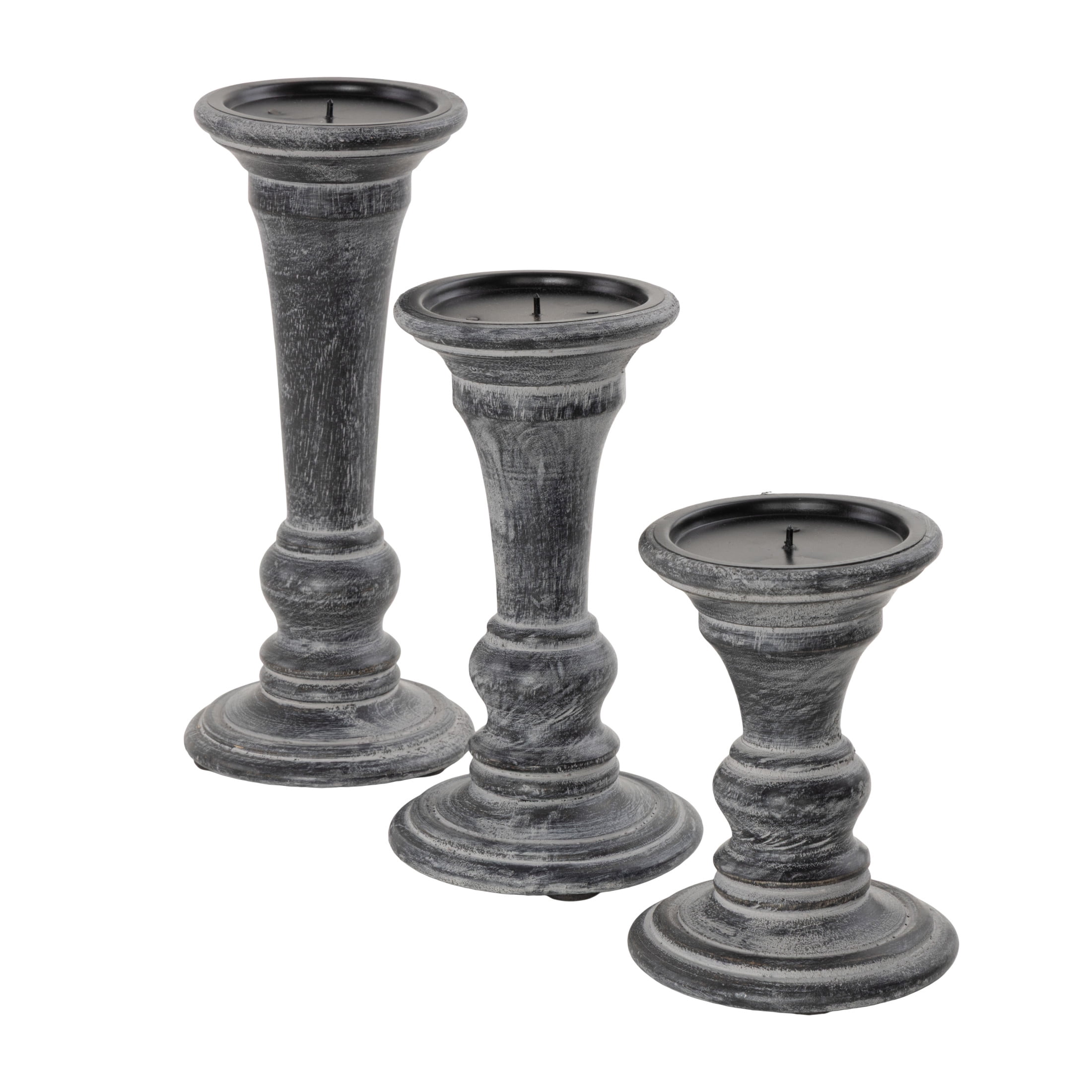 DecMode 3 Candle Black Mango Wood Whitewashed Turned Candle Holder, Set of 3