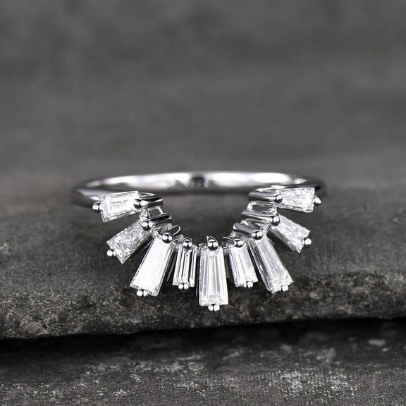 Eclet Jewels 1.6 Ct Baguette Cut Moissanite Ring for Her - 14K White Gold Plated Ring - Beautiful Wedding Band for Women Curved Ring - Modern Half Moon Style Silver Rings - Party Wear Moissanite Ring