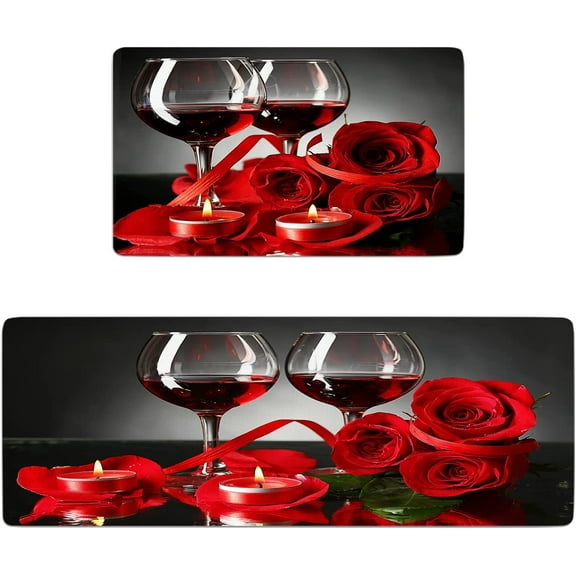 Red Kitchen Rugs and Mats Set of 2 Red Wine Rose Cushioned Anti Fatigue Kitchen Rugs Set Non-Skid Washable Kitchen Floor Mats Runner Rug for Kitchen Sink Laundry (Red)