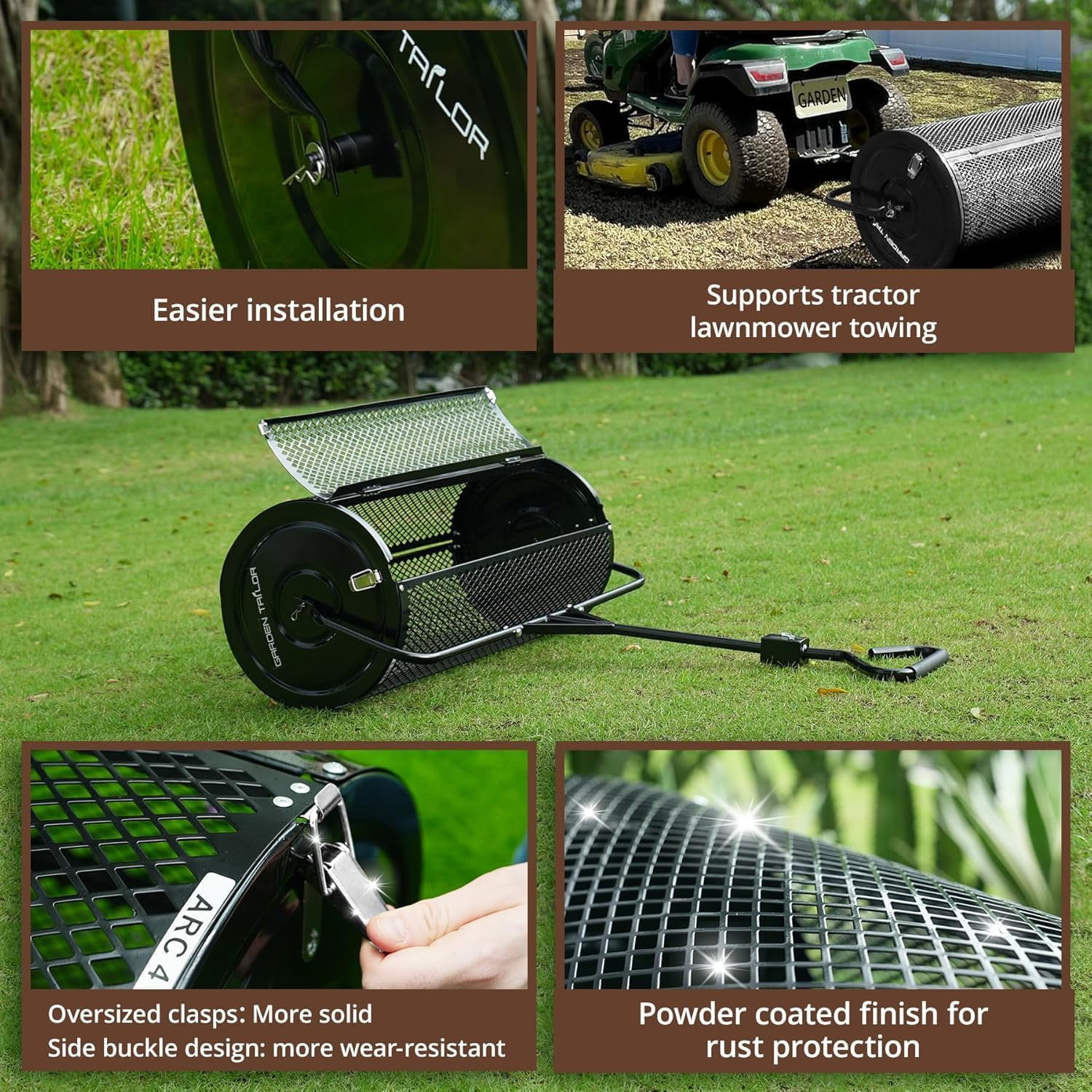 Garden Tailor Compost Spreader 44 Inch Towable Peat Moss Spreader with Installation Accessories, Metal Mesh Roller Lawn Spreader for Top Soil, Manure, Mulch, Top Dressing - Garden spreaders for lawns