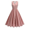 thumbnail image 3 of Jinhomg Vintage Swing Dress for Women Cute Plaid Print A-Line Pleated Dress Sleeveless Button V-Neck Midi Dresses 1950S Cocktail Party Prom Dress Red XL, 3 of 10