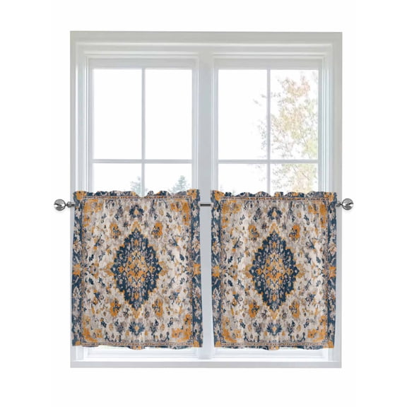 Half Window Curtains 24 Inches Long, Boho Chic Ethnic Window Treatment Curtain Drapes, Orange Blue Vintage Tribes Short Curtains Tiers for Kitchen Over Sink, 27.5"x24", 2 Panels