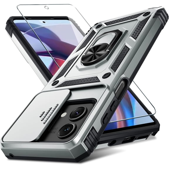 Compatible with Moto G Stylus 5G 2023 Case Built in Slide Camera Lens Cover Screen Protector Finger Ring Holder Kickstand,Heavy Duty Shockproof Full Body Phone Cover,Silver