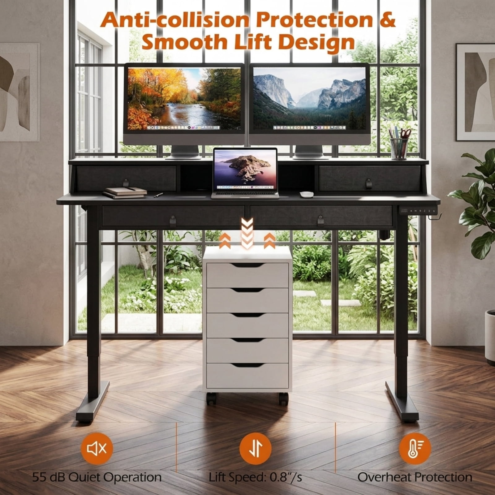 Furnibear 55 x 27 Inch Electric Standing Desk with 4 Drawers Monitor Stand Child Lock and Cable Management for Home Office, Black