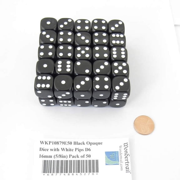 Black Opaque Dice with White Pips D6 16mm (5/8in) Pack of 50 Wondertrail