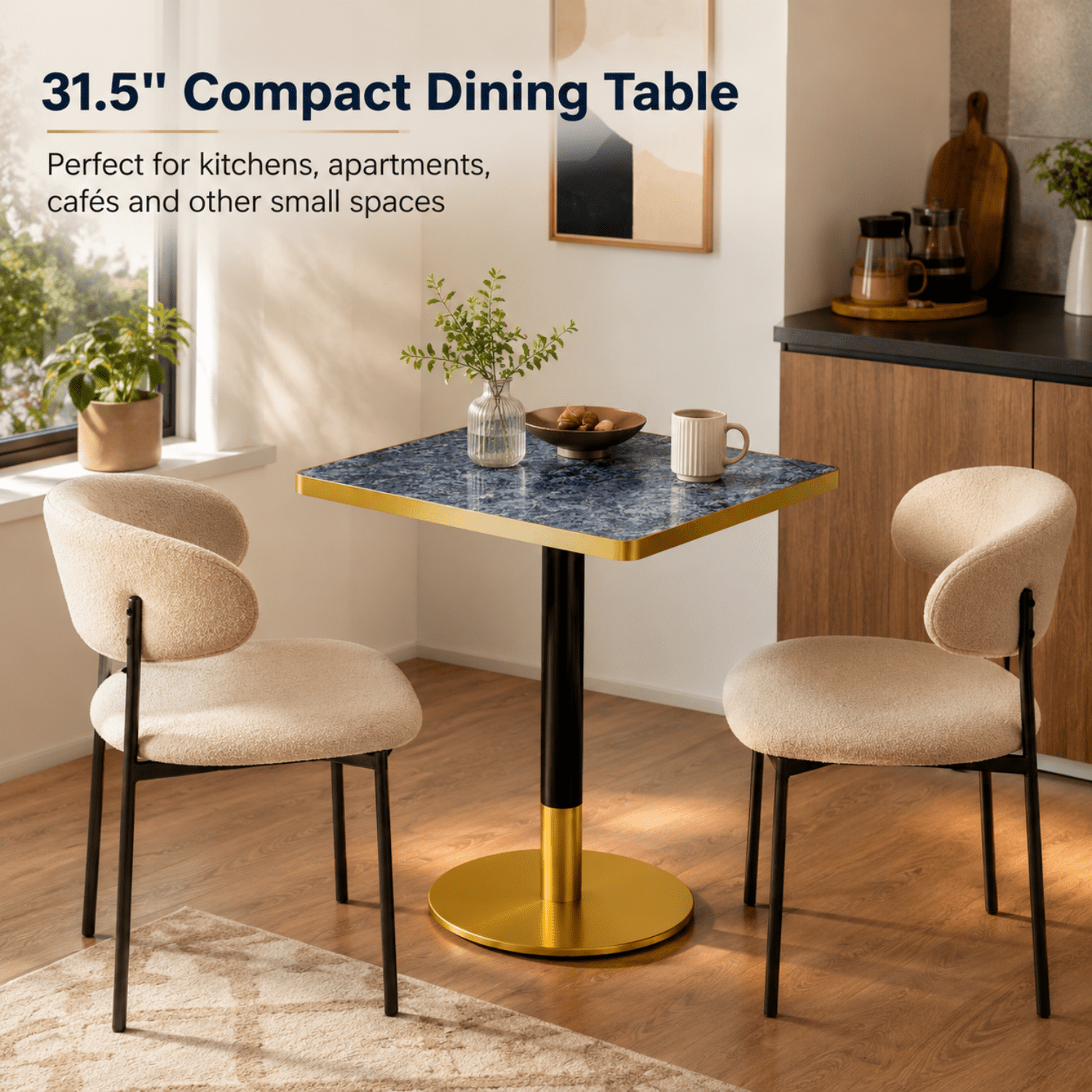 Miniyam 31.5 in Square Dining Table for 2-4, Marble-Look Sintered Stone Top, Stainless Steel Pedestal Base for Small Space, Blue