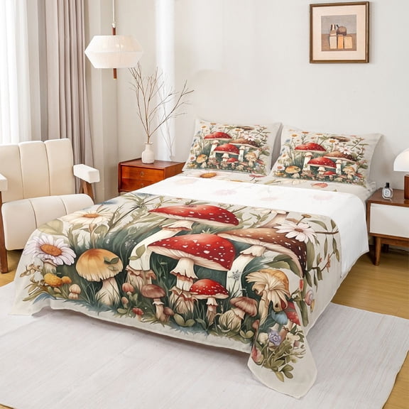 Castle Fairy Boys Girls Flowers Mushroom 4pcs Bed Sheets,Botanical Plants King Sheets,Vintage Aesthetic Super Cozy Sheet Set,Super Cozy Room Decor