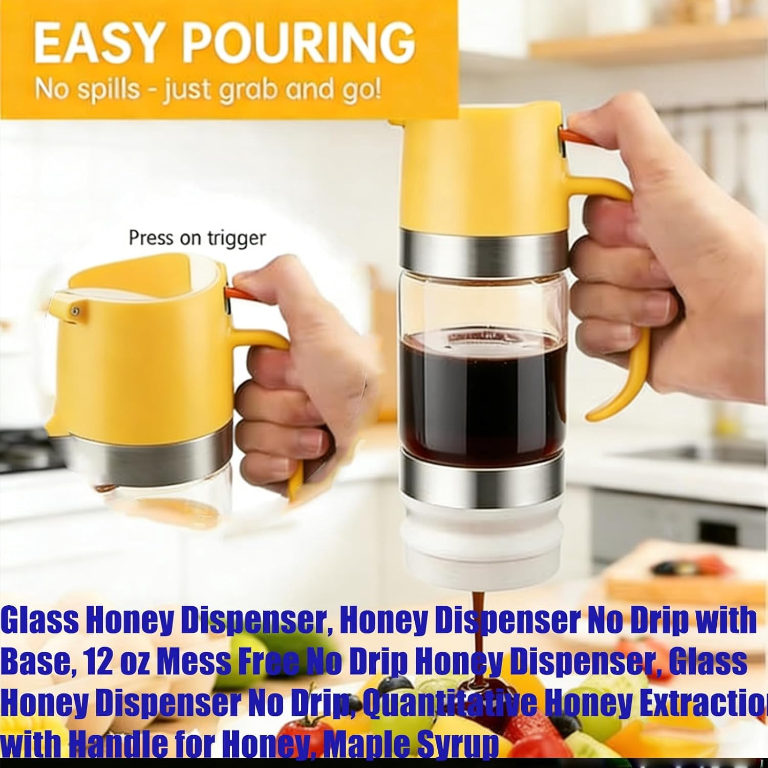 Glass Honey Dispenser, Honey Dispenser No Drip with Base, 12 oz Mess Free No Drip Honey Dispensers, Pressure Design for Quantitative Honey Extraction with Handle for Honey, Maple Syrup (B)