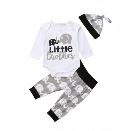3 Little Elephants - Little Boy Calf Elephant Printed Romper+Pant+Hat 3 Pcs Newborn Baby Set