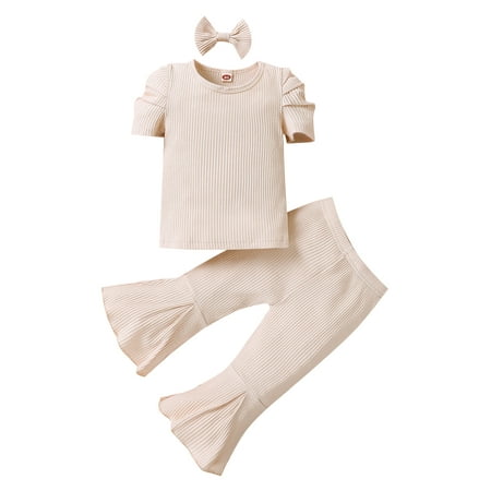 

Amuver Toddler Long Pants Outfits Solid Color Short Puff Sleeve T-Shirt + Elastic Flare Pants + Bow-Knot Hairpin Set