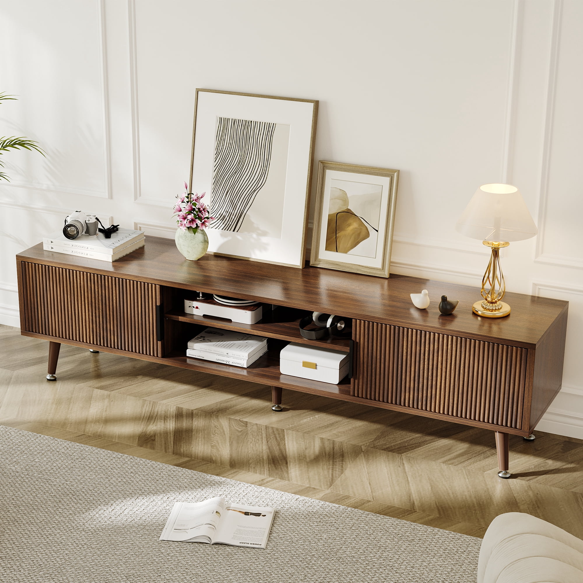 TV Stand for Living Room, Mid Century Modern Entertainment Center for 55/60/65/70 inch TVs, TV Console with Fluted Door Cabinets and Open Shelves, for Bedroom, Living Room, Walnut