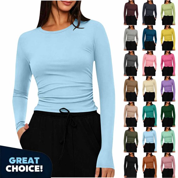 YODETEY Women’s Crew Neck Long Sleeve Fitted Crop Top, Stretch Everyday Basic Crewneck Tee,Size S-2XL