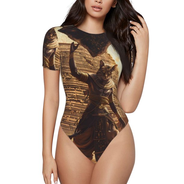 Balery Egyptian Cat Pharaoh Magic Body de cuello redondo de manga corta para mujer Tops de manga corta Tops básicos-XX-Large