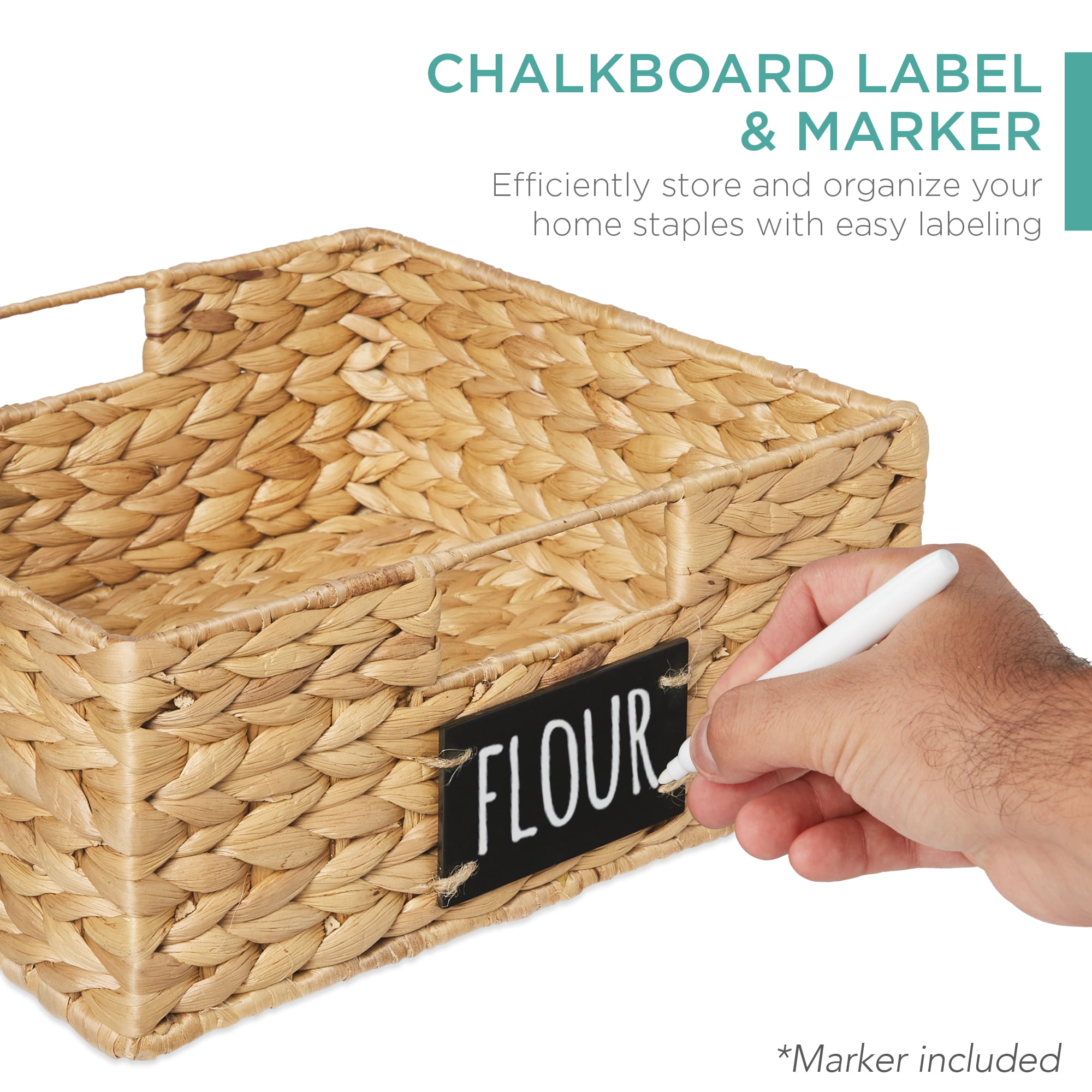 Best Choice Products Set of 4 13in Woven Water Hyacinth Pantry Baskets w/ Chalkboard Label, Chalk Marker - Natural