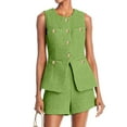 thumbnail image 3 of Women'S Two Piece Casual Suit Set Sleeveless Button Vest Shorts Office Business Suit Green M, 3 of 9