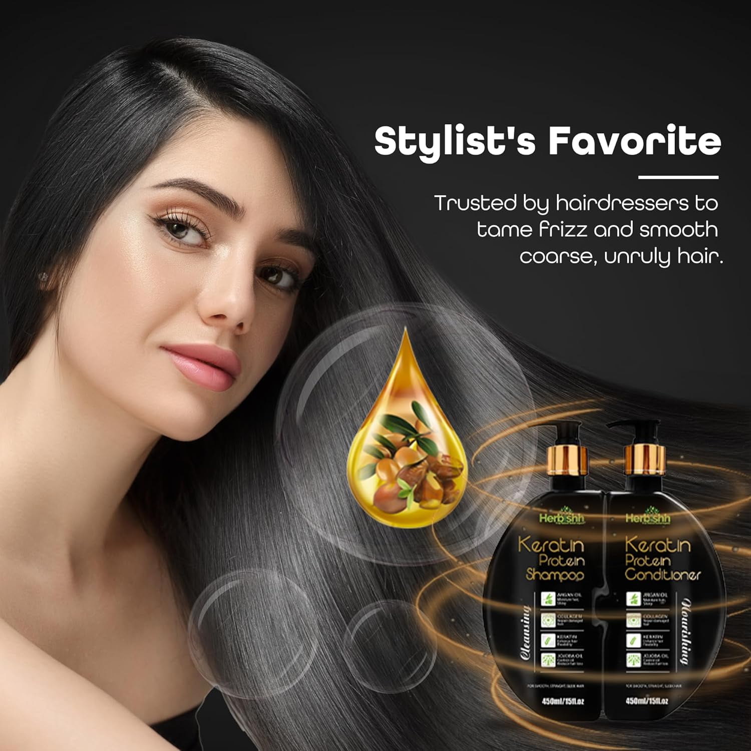 Herbishh Keratin Shampoo and Conditioner Set – Shiny & Frizz-free, All Hair Types, Unisex, 450ml