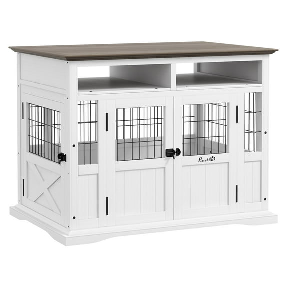 Dog Crate Furniture Side Table, White Wood Kennel with Storage - Small Medium Dogs up to 66lbs