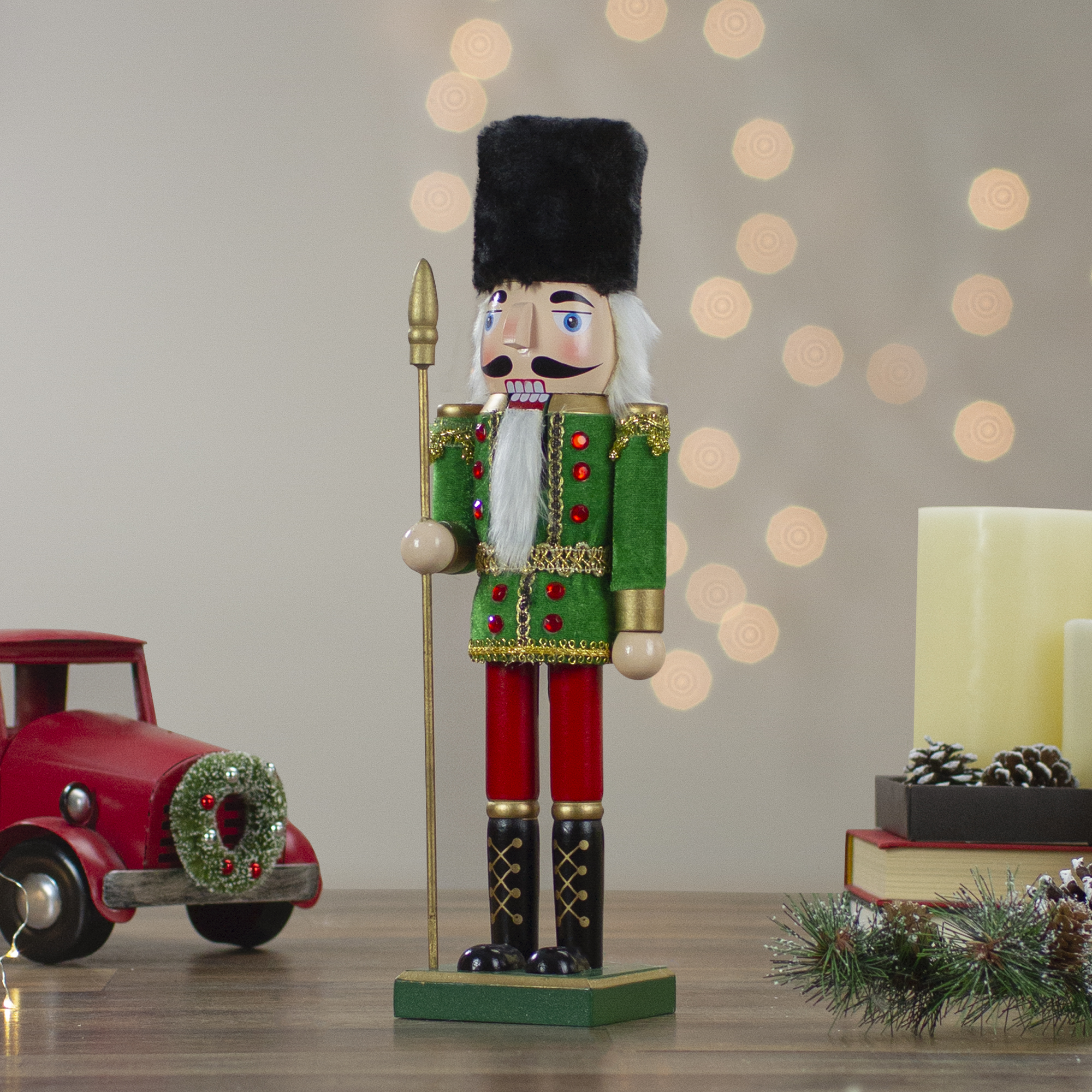 14" Decorative Wooden Green Red and Gold Christmas Nutcracker Soldier with Spear