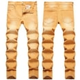 thumbnail image 2 of YLSDL Men's Straight Fit Jeans Comfy Stretch Denim Pants Distressed Washed Denim Pants Skinny Fit Hip Hop Streetwear Trousers Yellow M, 2 of 7