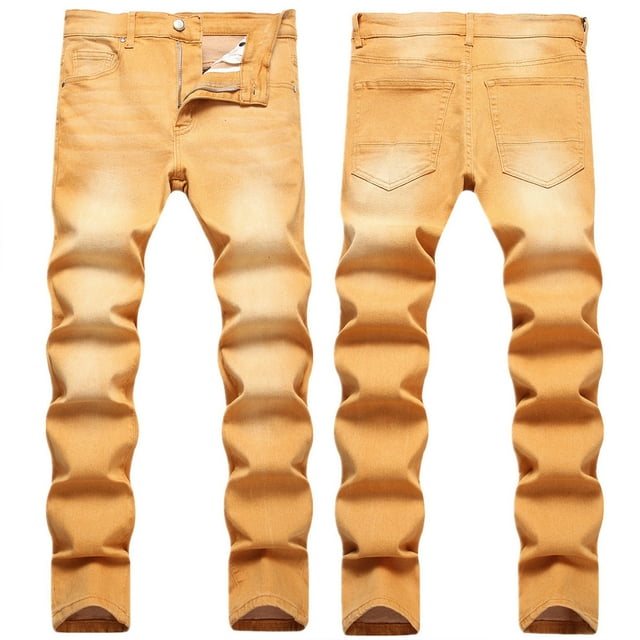 TIMIFIS Jean Homme Coupe Classique Régulière Coton Jean Tendance Mode Micro Élastique Slim Attache Élastique Petit Jambe Droite-Jaune