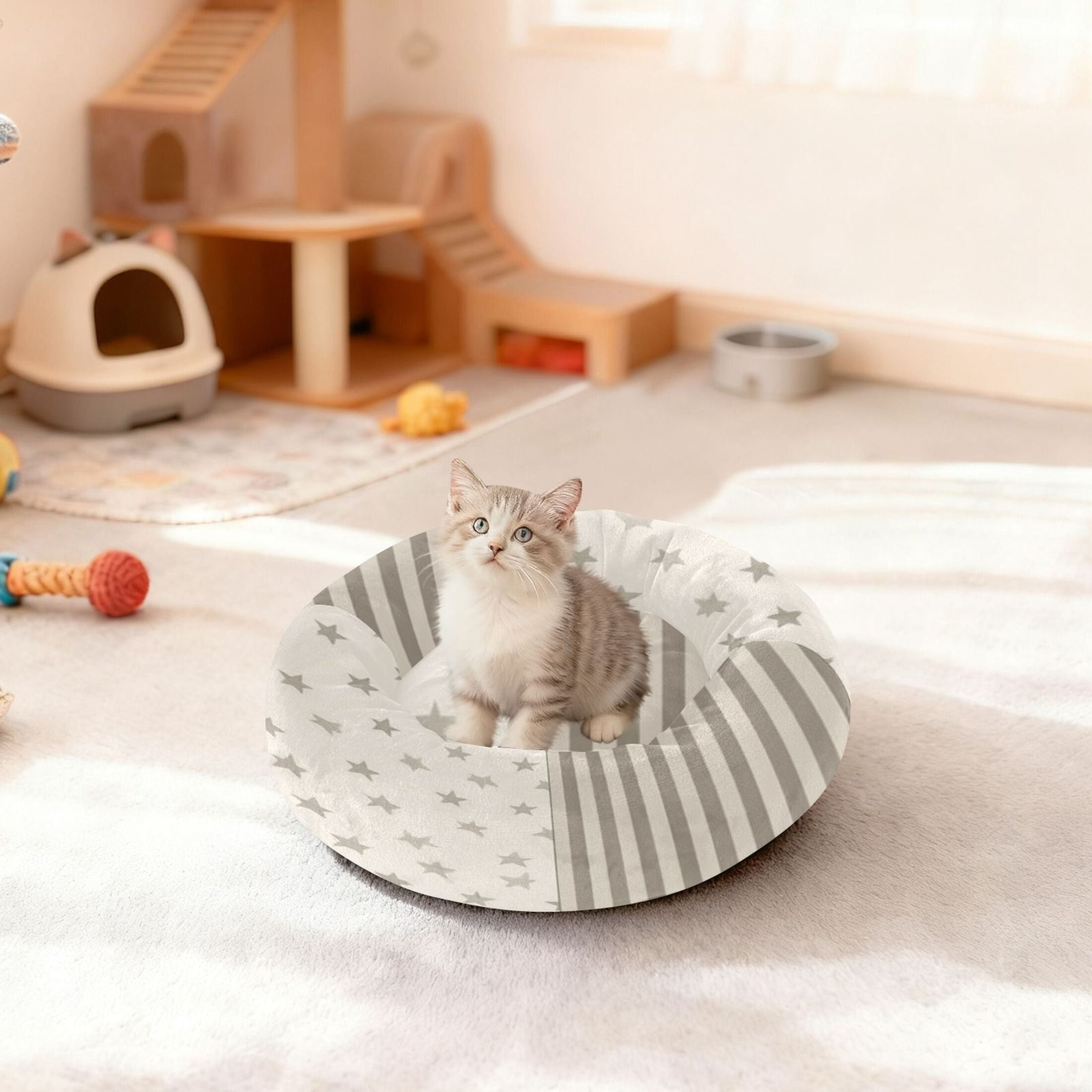 Iauyy Pet Couch Donut Cat Bed for Indoor Cats/Small Dogs Washable & Machine with Non-slip Bottom Calming Cat Furniture, Star-shaped and Striped (XS)