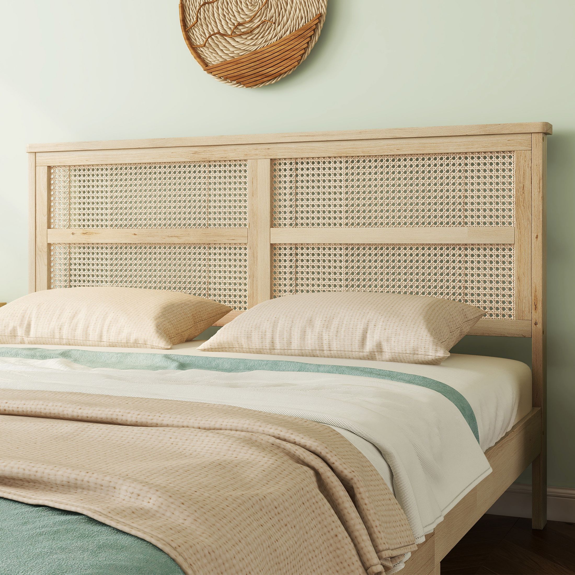 Aukfa Queen Size Bed Frame, Rubber Wooden Platform Bed with Rattan Headboard, Oak