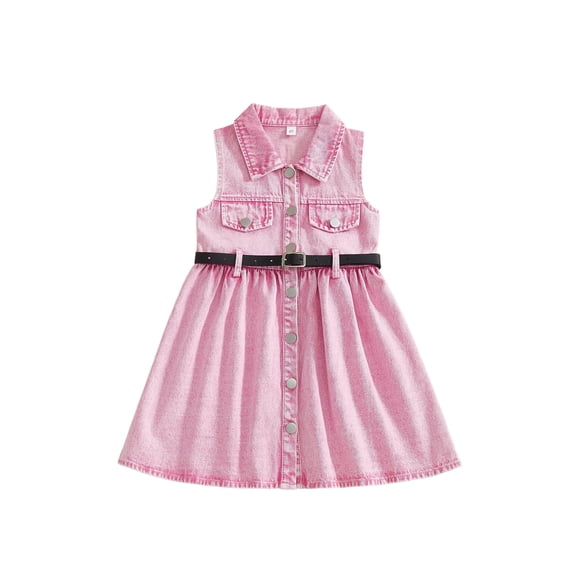 BemeyourBBs Toddler Baby Girl Denim Dress with Belt Summer Western Baby Girl Cowgirl Outfit Pink Button Down Turn Down Neck Sleeveless A Line Dress
